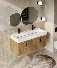 Muebles Calas badmeubel ribbelfront 120cm warm eiken met solid surface wastafel met kraangaten
