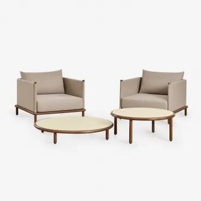 Woonkamerset Met 2 Fauteuils En 2 Ronde Salontafels Van Acaciahout Olivia Beige - Semoline & Donker Acaciabruin - Sklum