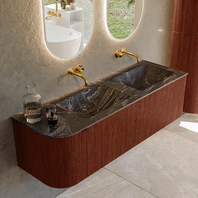 Mondiaz Kurve-dlux 145cm badmeubel ronding links ruby met 1 lade en deur en wastafel leaf dubbel/rechts zonder kraangat lava