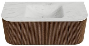Mondiaz Kurve-dlux 110cm badmeubel ronding links/rechts walnut met 1 lade en 2 deuren en wastafel cloud midden zonder kraangat opalo