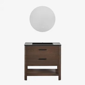 Badmeubelset 90x50 Cm Van Hout Met Geïntegreerde Wastafel Misene Zonder Kraan & Round Led And Antifog Ø70 Cm Riben & Donker Hout - Sklum