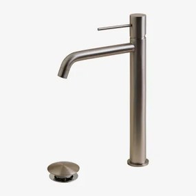 Messing Wastafelkraan En Aftapkraanset Voor Orveta Click-clack Spoelbak Geborsteld Grijs & ↑30 Cm & Klep Zonder Overloop - Sklum