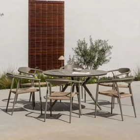 Valerie Ronde Aluminium Tafelset (ø125 Cm) En 6 Tuinstoelen Met Armleuningen In Aluminium En Synthetisch Rotan Marsha Bruin - Mokka - Sklum