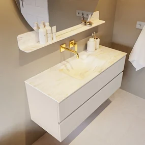 Mondiaz Vica DLux badmeubel 120cm linen 2 lades met wastafel ostra midden zonder kraangat