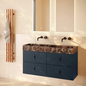 Muebles Murcia badmeubel ribbelfront 120cm marine blauw met Dark Emperador wastafel zonder kraangaten