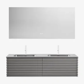 Noura Houten Badkamermeubelset Met Geïntegreerde Wastafels Grijs – Nikkel & Rectangular Led And Antifog 160x75 Cm Jorvi & 2 X - Sklum