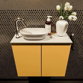 Mondiaz Fowy toiletmeubel 60cm ocher met witte waskom links en kraangat