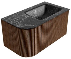 Mondiaz Kurve-dlux 85cm badmeubel ronding links walnut met 1 lade en deur en wastafel cloud kraangat rechts lava
