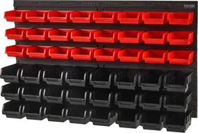 VEVOR stapelboxen, 48-container onderdelenrek organizer voor garage, kunststof gereedschapsrek met wandpanelen, gereedschapsorganizer voor moeren, bouten, schroeven, spijkers, kralen, knopen, zwart en rood