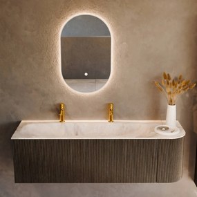 Mondiaz Kurve-dlux 145cm badmeubel ronding rechts shadow met 1 lade en deur en wastafel big large links 2 kraangaten frappe