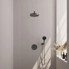 Brauer Stripe inbouw regendouche rond met 25cm hoofddouche, rechte muurarm en 3 standen handdouche set 40 gunmetal geborsteld PVD