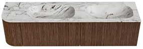 Mondiaz Kurve-dlux 175cm badmeubel ronding links walnut met 2 lades en 1 deur en wastafel stor small dubbel/rechts zonder kraangat glace