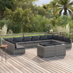 vidaXL 12-delige Loungeset met kussens poly rattan grijs