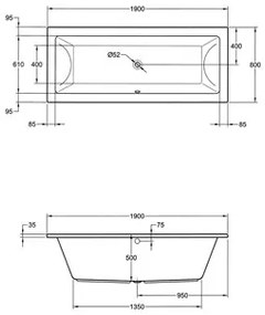 Plieger Tube kunststof bad acryl rechthoekig 190x80x50cm m. poten wit