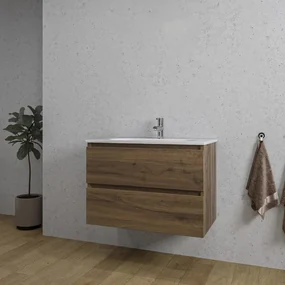 Adema Chaci Badkamermeubelset - 80x46x57cm - 1 ovale keramische wasbak wit - 1 kraangat - 2 lades - noten (hout) SW1212764/SW718717