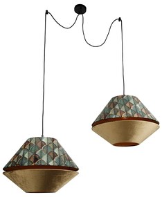 Hanglamp zwart met dubbele velours lampenkap blad dessin en beige 2-lichts - Cava Luxe
