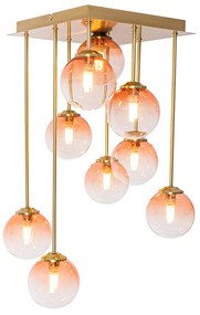 Art Deco plafondlamp goud met roze glas 9-lichts - Athens