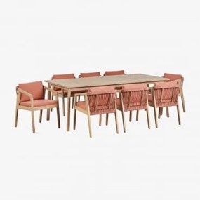 Rechthoekige Tafelset 220x100 Cm En 8 Eetkamerstoelen In Acaciahout En Gevlochten Touw Kaela Lichte Acaciekleur & Stof Rode Dakpan - Sklum
