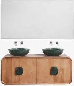 Dubbel Zwevend Badkamermeubelset 130x45 Cm Van Mangohout En Natuurlijke Kivalina-steen Udaipur Groen Marmer - Mangohout & 2 X Onde Groene Marmeren -