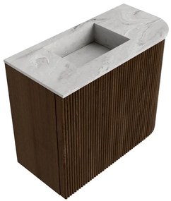 Mondiaz Joya DLux 50cm toiletmeubel ronding rechts walnut met wastafel faye links zonder kraangat glace