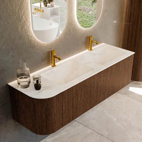 Mondiaz Kurve-dlux 145cm badmeubel ronding links walnut met 1 lade en deur en wastafel leaf dubbel/rechts 2 kraangaten ostra