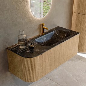 Mondiaz Kurve-dlux 115cm badmeubel ronding links oak met 1 lade en deur en wastafel big small kraangat rechts lava