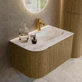 Mondiaz Kurve-dlux 75cm badmeubel ronding links dusk met 1 lade en deur en wastafel grunne kraangat rechts glace