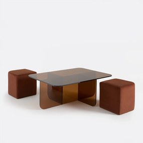 Amber gehard glazen salontafel met 2 stoffen poefs, DELLA