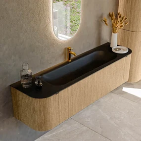 Mondiaz Kurve 170cm badmeubel ronding links/rechts oak met 1 lade en 2 deuren en wastafel big large midden 1 kraangat urban