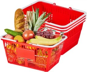 VEVOR Boodschappenmand, 4 stuks, 21 L, PE-kunststof draagmand met handvatten, stapelbare universele mand, draagbare kunststof mand voor boodschappen, detailhandel, winkels, supermarkten, thuisgebruik, rood