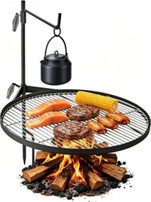 VEVOR Draaibare Kampvuurgrill met Grillrooster, 62 cm, Koolstofstaal, In hoogte verstelbare draaibare grill met grillstandaard, Draaibare Buitengrill voor Open Vuur, Camping en Tuin, Zwart