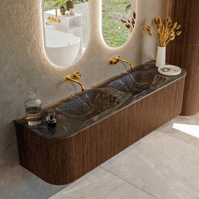 Mondiaz Kurve-dlux 170cm badmeubel ronding links/rechts walnut met 1 lade en 2 deuren en wastafel leaf dubbel zonder kraangat lava
