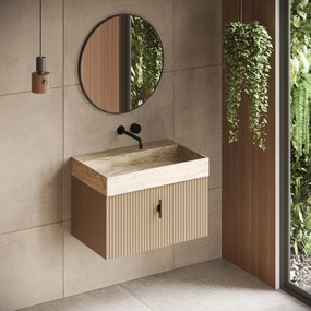 Muebles Zahora badmeubel ribbelfront 80cm macchiato met White Travertin wastafel zonder kraangat