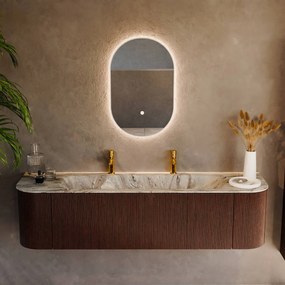 Mondiaz Kurve-dlux 170cm badmeubel ronding links/rechts ruby met 1 lade en 2 deuren en wastafel big large midden 2 kraangaten glace
