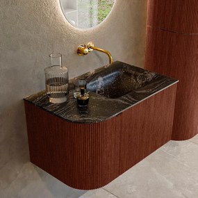 Mondiaz Kurve-dlux 75cm badmeubel ronding links ruby met 1 lade en deur en wastafel grunne rechts zonder kraangat lava