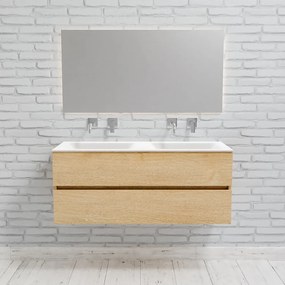 Zaro Valencia Solid Surface badmeubel 120cm licht eiken zonder kraangat dubbele spoelbak met 2 lades