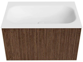 Mondiaz Kurve 70cm badmeubel walnut met 1 lade en wastafel big small midden zonder kraangat