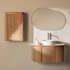 Carsone Houten Badkamermeubelset Natuurlijk Hout & Natuurlijk Hout & Rond Keramiek Wit Ø40 Cm Lenka & Ovaal Led En Anticondens 100x80 Cm Meunier -