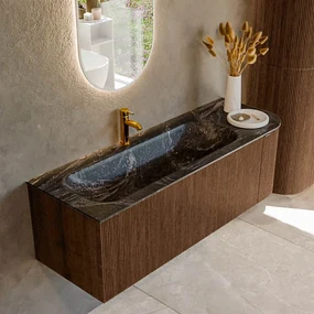 Mondiaz Kurve-dlux 135cm badmeubel ronding rechts walnut met 1 lade en deur en wastafel big medium kraangat links lava