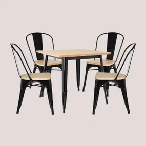 Set Van Een Vierkante Tafel 80x80 Cm En 4 Stoelen Van Grenenhout En Staal Lix Houtbruin - Zwart - Sklum
