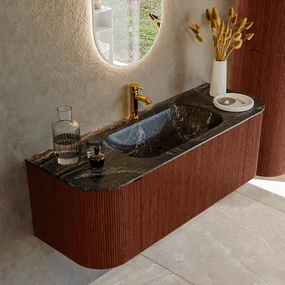 Mondiaz Kurve-dlux 130cm badmeubel ronding links/rechts ruby met 1 lade en 2 deuren en wastafel big small midden 1 kraangat lava