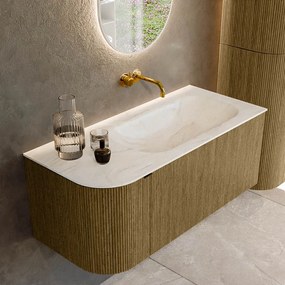 Mondiaz Kurve-dlux 105cm badmeubel ronding links dusk met 1 lade en deur en wastafel big small rechts zonder kraangat ostra