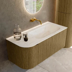 Mondiaz Kurve-dlux 105cm badmeubel ronding links dusk met 1 lade en deur en wastafel big small rechts zonder kraangat ostra