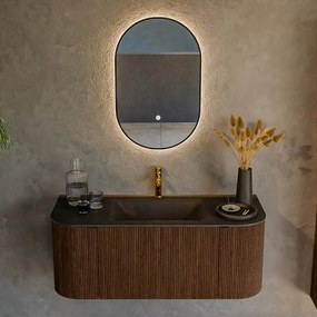 Mondiaz Kurve 110cm badmeubel ronding links/rechts walnut met 1 lade en 2 deuren en wastafel cloud midden 1 kraangat urban