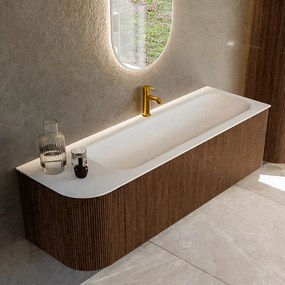 Mondiaz Kurve 145cm badmeubel ronding links walnut met 1 lade en deur en wastafel big large kraangat rechts