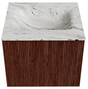Mondiaz Kurve-dlux 50cm badmeubel ruby met 1 lade en wastafel grunne midden zonder kraangat glace