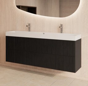 Gliss Design Hybris badmeubel met ribbelfront 140cm black veneer met mat witte wastafel zonder kraangat Lako