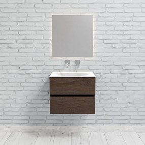 Zaro Sevilla Solid Surface badkamermeubel 60cm donker eiken zonder kraangat met 2 lades