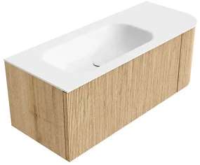Mondiaz Kurve 115cm badmeubel ronding rechts oak met 1 lade en deur en wastafel big small kraangat links