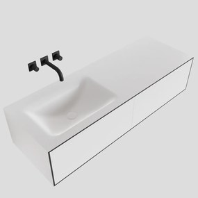 Zaro Lagom volledig naadloos solid surface onderkast 130cm mat zwart met 2 lades Push tot open. Compleet met solid surface wastafel met 0 kraangat(en)